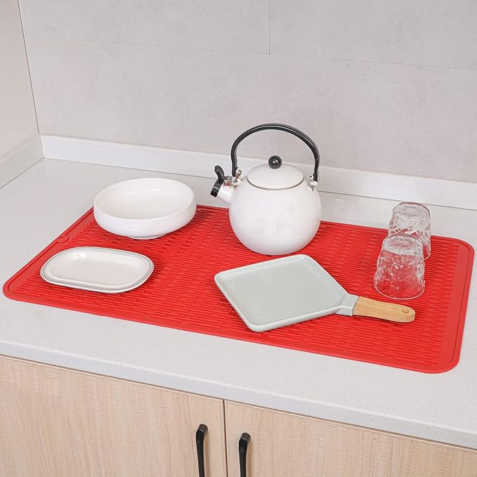 Silicone Dish Drying Mat for Multiple Usage,Easy clean,Eco-friendly,Heat-resistant Silicone Mat for Kitchen Counter or Sink,Refrigerator or Drawer Liner Red 4XL 32 inches x 18 inches - Bloomnest