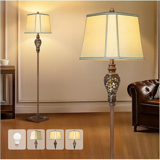 Vintage Floor Lamp with Nightlight, 65" Rustic Standing Lamp with Beige Faux Silk Shade, Farmhouse Style Design Tall Lamp Decor for Living Room Bedroom Study Home Office Corner- Bronze (Bulb Included) - Bloomnest