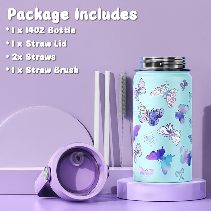 14oz Kids Insulated Water Bottle with Straw Lid - 18/8 Stainless Steel Kid Cup Travel Tumbler Double Wall Vacuum Leak Proof Portable Toddler Water Bottle(Butterfly） - Bloomnest