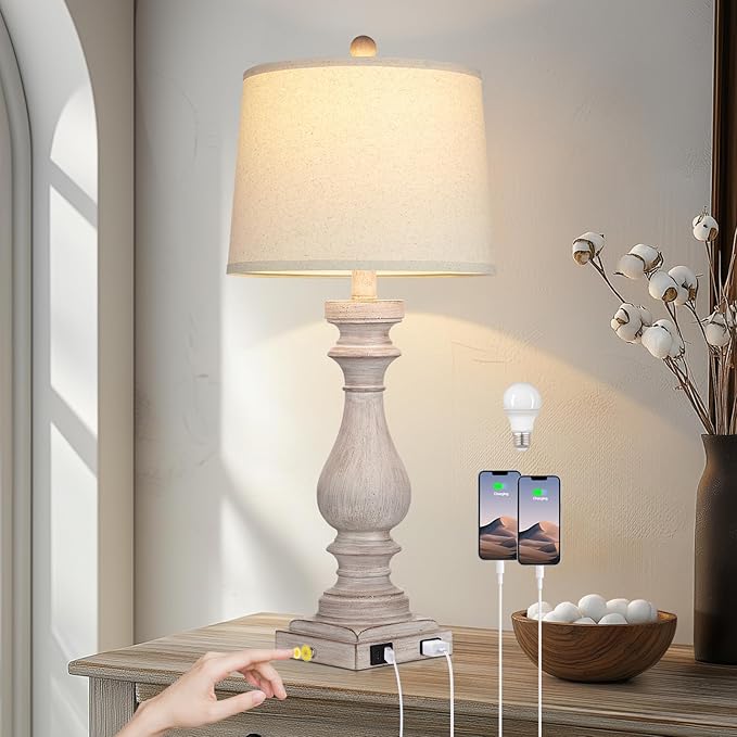 27.5" Farmhouse Table Lamp for Living Room,Vintage Bedside Lamp with USB C+A Ports & AC Outlet,3-Way Dimmable Touch Control Gray Washed Finish Nightstand for Bedroom, Single Gray - Bloomnest
