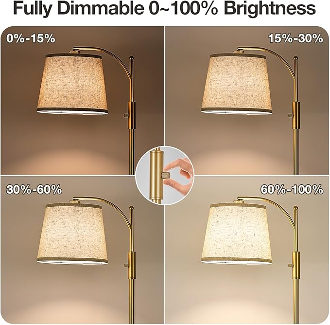AIDENOEY Fully Dimmable Floor Lamp for Living Room，Standing Lamp Rotary Switch with Linen Beige Shade，Golden Tall Lamps for Bedroom with Adjust Head，9W LED Bulb Included - Bloomnest