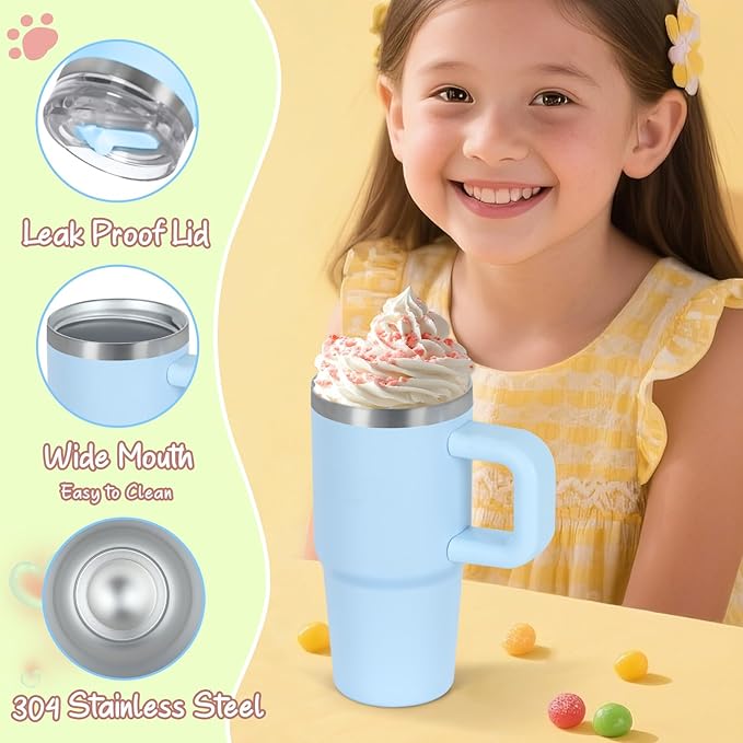 Cosictic 14 Oz Flip Straw Tumbler with Handle for Kids, Stainless Steel Double Wall Insulated Cup for Children with Flip Top Lid, 14 Oz Leak-proof Cups for Kids, Sky Blue - Bloomnest