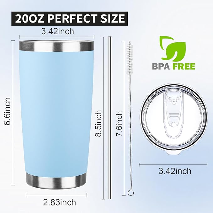 20oz Tumbler with Lid and Straw Double Wall Powder Coated Vacuum Insulated Coffee Tumbler Stainless Steel Insulated Travel Coffee Mug Spill-Proof Thermal Cup for Hot and Cold Beverage,Baby Blue - Bloomnest
