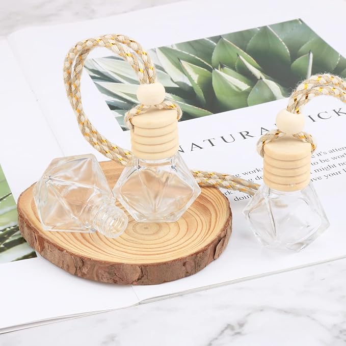 20 Pcs 8ml Hanging Car Air Freshener Diffuser,Empty Refillable Clear Glass Essential Diffuser Oil Aromatherapy Fragrance Perfume Pendant Vials with Wooden Caps & Hanging String - Bloomnest
