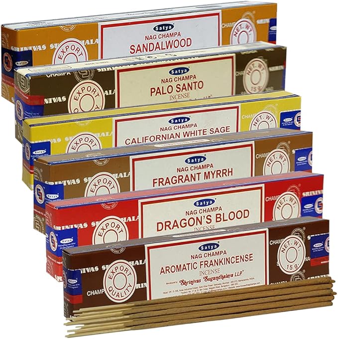 Satya Incense Sticks Variety Pack #10 and Holder Bundle with 6 Classic Fragrances Sandalwood Dragon's Blood Palo Santo White Sage TRUMIRI