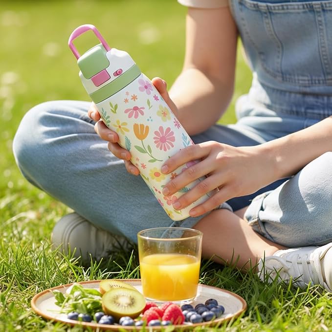 Floral Stainless Steel Water Bottle, Vacuum Insulated, Push-Button Lid, 32 oz, Gifts for Women Girls Friends Teens Birthday Christmas SANDJEST