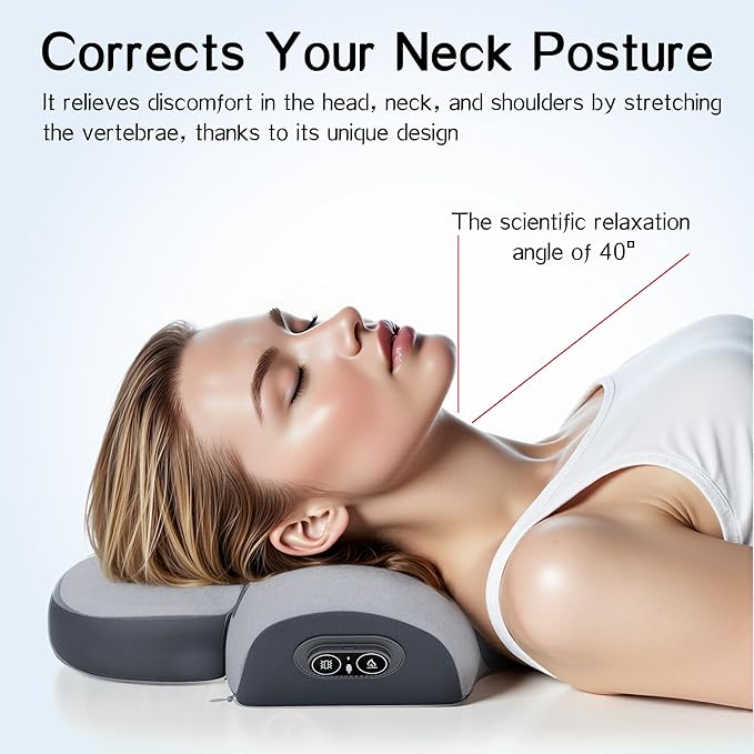 JINXIA Pillow Massage Neck Hump –Fisiorest 3-in-1 Neck Massager Pillow with Heat, Deep Tissue Relief & Neck Traction, Cervical Support & Hump Corrector for Women and Men, Memory Foam Support(Grey)