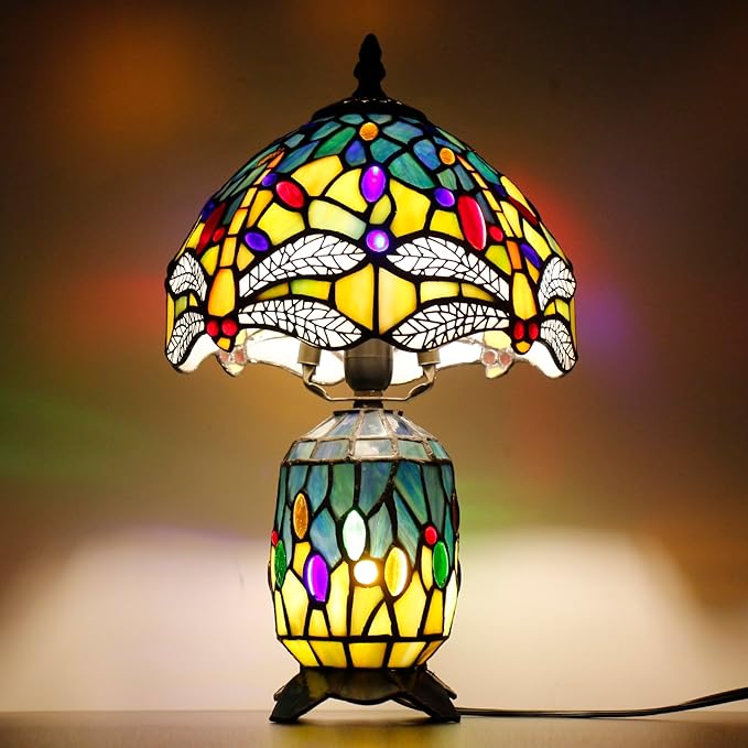 Small Tiffany Lamp Stained Glass Table Lamp Mini Mother Daughter Vase Desk Accent Night Light for Bedroom Bedside Reading Home Antique Style 8X14 Inches (Sea Blue Yellow) - Bloomnest