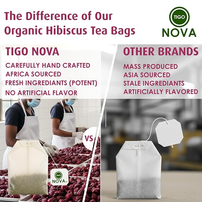 Premium Organic Hibiscus Tea Bags, 100% Natural and Organic Ingredients, Antioxidant Tea, Caffeine free | Authentic African Origin | Eco-conscious Teabags (15 count) , Supports Healthy Blood Pressure, Boosts Immune - Bloomnest
