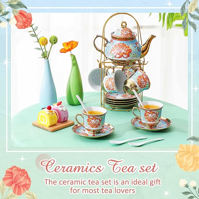 Zhehao 20 Pcs Porcelain Tea Set with Metal Holder and Spoon Adult Ceramic Tea Set European Flower Painting Teapot Cup Saucer Spoon for Women, Large Version(Retro Style) - Bloomnest