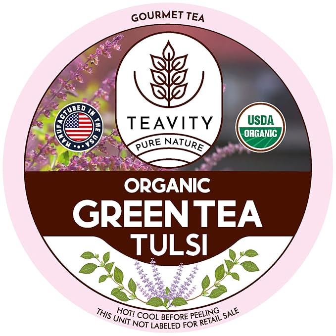 Organic Tulsi Tea Pods with Unsweetened Caffeinated Green Tea Pods for Keurig - Tulsi Green Tea by Teavity (24 Tea Pods) - Bloomnest