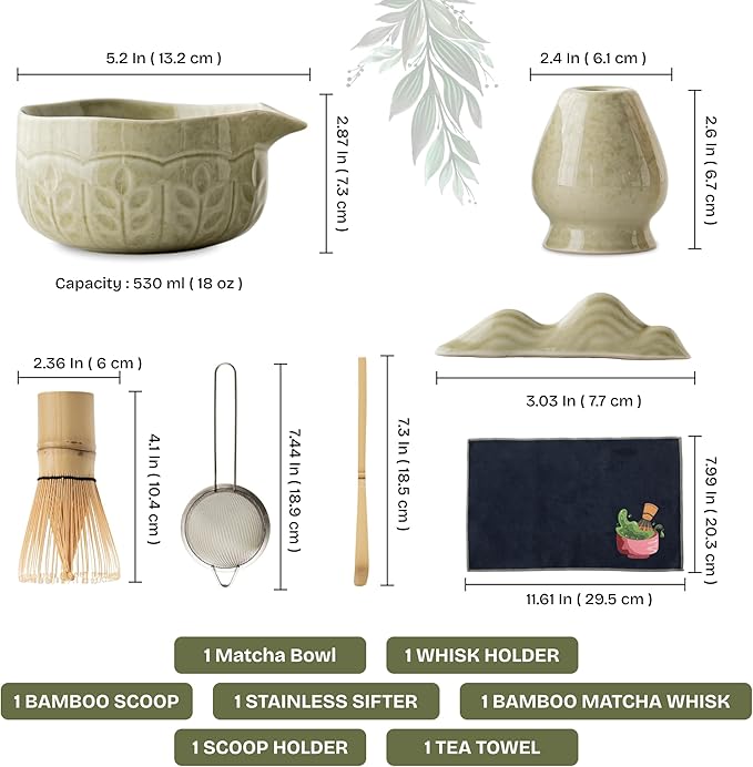 Matcha Whisk Set, 7 PCS Matcha Kit with Matcha Bowl with Spout, Bamboo Matcha Whisk and Scoop, Matcha Accessories & Sifter – Complete Matcha Set for Tea Lovers, Matcha Gift Set (Green) - Bloomnest
