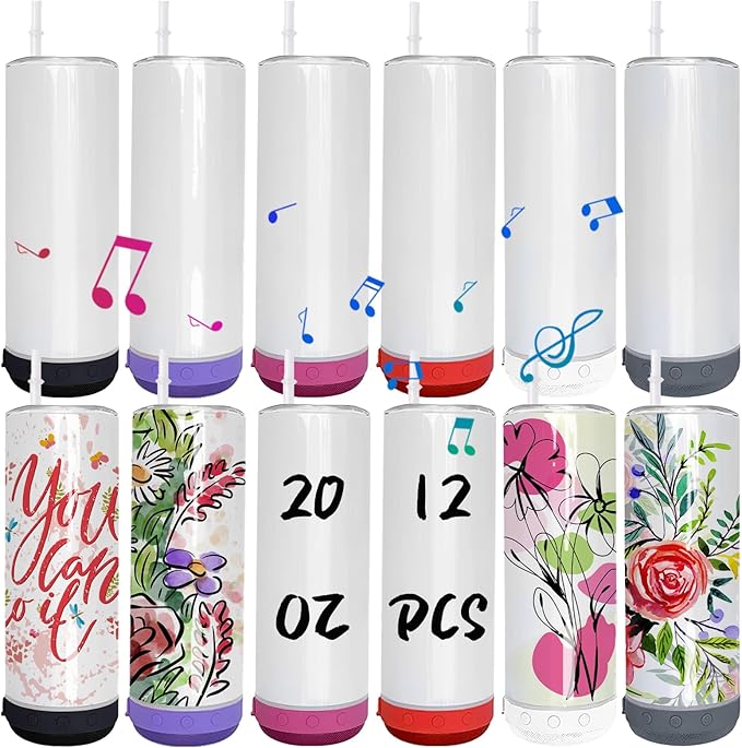 12 Pack 20 OZ Sublimation Blank Tumblers Bulk Stainless Steels Double Vacuum Bluetooth Speaker Music Insulated Tumbler with Lid and Straw Heat Transfer Cup Multicolor - Bloomnest