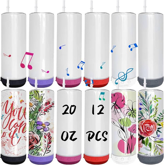 12 Pack 20 OZ Sublimation Blank Tumblers Bulk Stainless Steels Double Vacuum Bluetooth Speaker Music Insulated Tumbler with Lid and Straw Heat Transfer Cup Multicolor - Bloomnest