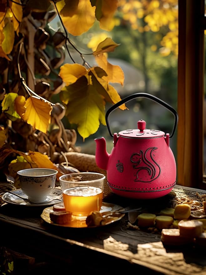Toptier Teapot with Removable Infuser, Cast Iron Tea Kettle Stovetop Safe, Squirrel Design Tea Pot Coated with Enameled Interior for 32 Ounce (950 ml), Red - Bloomnest