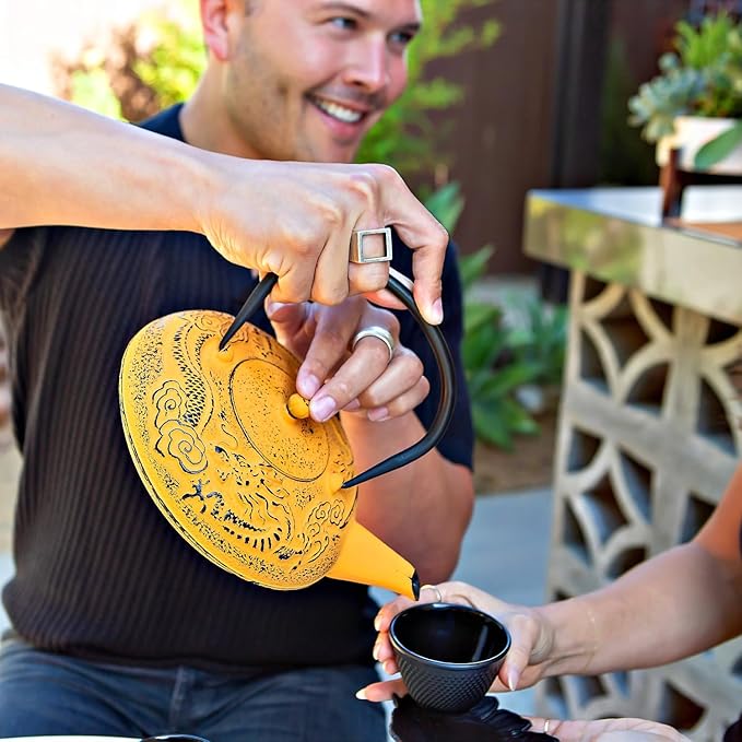 Large Cast Iron Tea Kettle Set - 40oz/1200ml Japanese Teapot with Infuser & Matching Trivet - Tetsubin Iron Tea Pot Japanese Style with Enamel Interior - Handcrafted Dragon Teapot Humidifier - Yellow