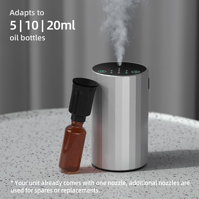 Waterless Essential Oil Diffuser Aromatherapy Scent Diffusers for Home Large Room, Bedroom, Car, Office, Desk, Battery Operated Mini Portable Air Freshener (Silvery) - Bloomnest