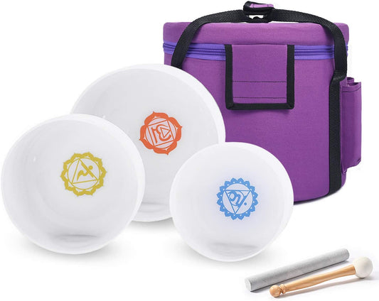 440HZ Set of 3 PCS 7''-11'' Paternoster Frosted Quartz Crystal Singing Bowls 7''G 9''E 11''C With Case Bag