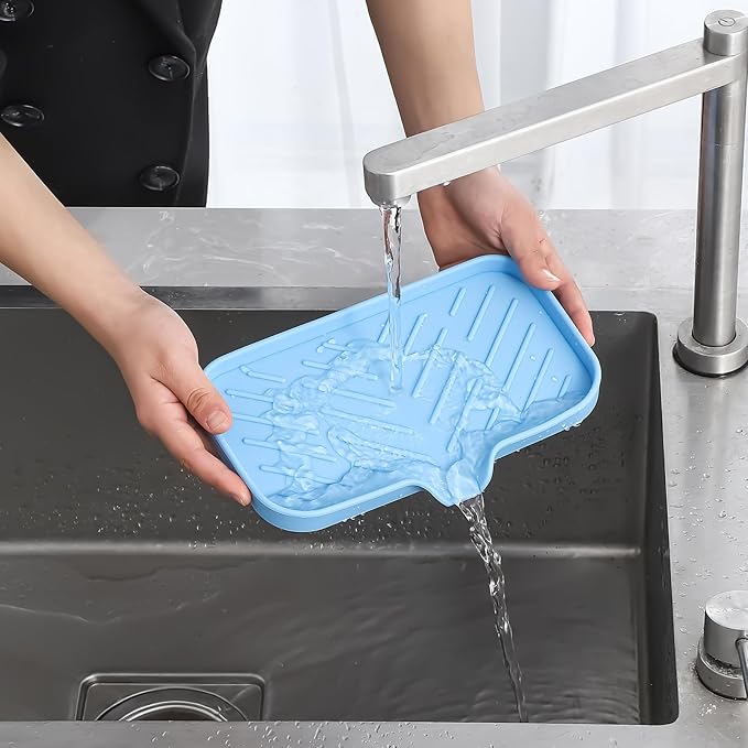 Silicone Bathroom Soap Dishes with Drain Spout-Bathroom and Kitchen Sink Organizer,Sponge Holder,Dish Soap Tray,Perfect for Dispenser,Scrubber,Bottle on Sink or Counter-Light Blue 9.6"×5.3" - Bloomnest