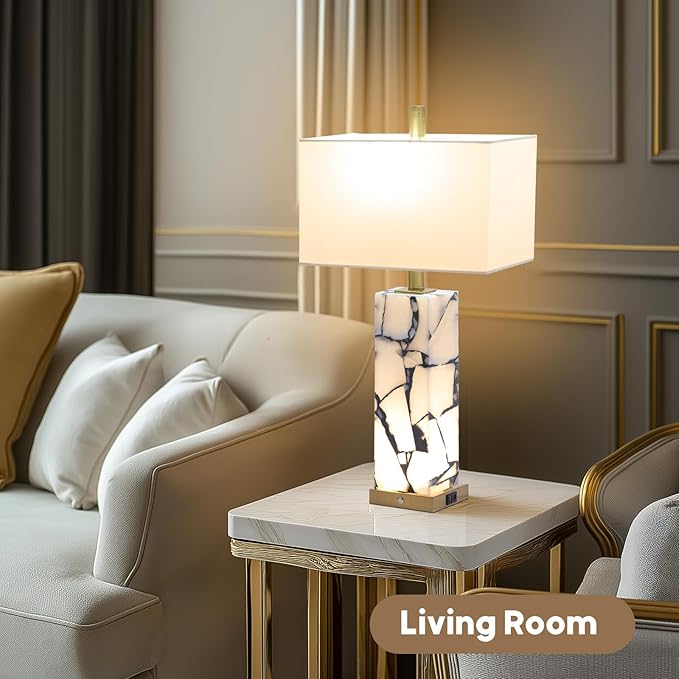 Natural Marble Table Lamps Set of 2: 3-Color Temperatures Alabaster Lamp with Nightlight, Bedside Lamps with USB Ports, Bedroom Lamps for Night Stands End Table Lamps for Living Room, Bulbs Included - Bloomnest