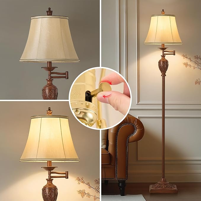 Traditional LED Floor Lamp with 350° Adjustable Swing Arm Lamp – Vintage Standing Pole lamp for Living Room, Bedroom and Office – Rustic Upright Floor Light for Home Décor with Faux Silk Fabric Shade - Bloomnest