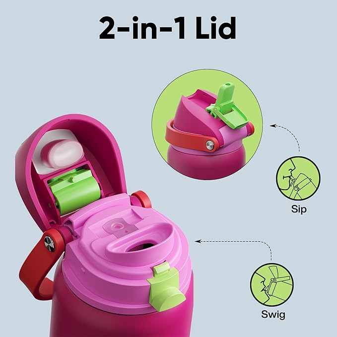 Insulated Water Bottle with Straw - Encool Stainless Steel Water Bottle with Push Button Lid, Leak-Proof & BPA-Free, Keeps Cold for 24 Hours for Sports, Travel, Gym (32 oz, Cerise Pink) ENCOOL