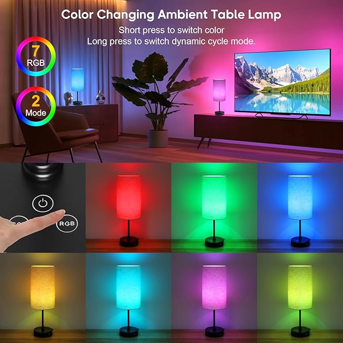 Unicozin 17Inch Table Lamp, 3 CCT 3000K/4500K/6500K & RGB Color Changing, Stepless Dimmable Bedside Lamp for Reading, Ambience Nightstand Light for Home Decor Party, Beige Shade - Bloomnest
