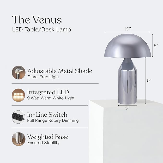 Brightech Venus 14" Globe Table Lamp – Modern Mid-Century Lamp with Golden Metal Shade – Nightstand, Bedside, Desk & Accent Table Lighting for Bedroom, Living Room & Office Décor - Chrome/Silver - Bloomnest