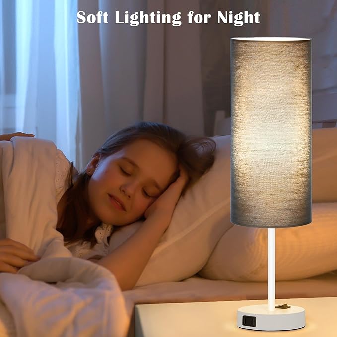ZJOJO Table Lamp for Bedroom 2 Pack,18in Bedside Lamps with 3 Way Dimmable Rocker Switch & AC Outlet,Nightstand Desk Lamp with Blue Fabric Shade White Base for Living Room Home Decor Lights - Bloomnest