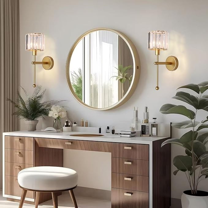 Modern Glass Crystal Wall Sconces Battery Operated Set of 2, Gold Rechargeable Wall Lights with Remote,Non Hardwired Clear Wall Lighting Fixture Brass for Bedroom Bathroom Living Room Porch - Bloomnest