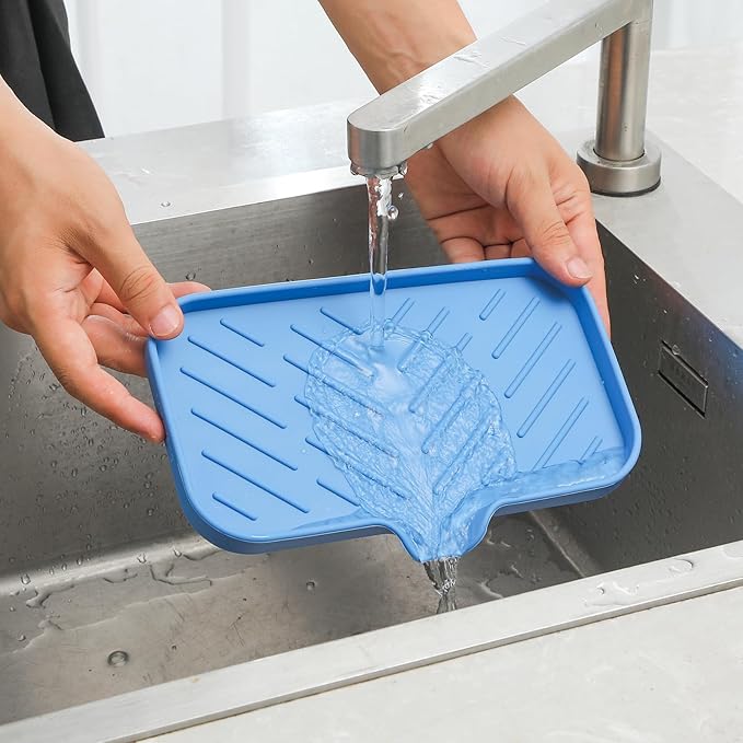 Silicone Bathroom Soap Dishes with Drain Spout Bathroom and Kitchen Sink Organizer,Sponge Holder,Dish Soap Tray,Perfect for Dispenser,Scrubber,Bottle,Cup on Counter Lichen Blue 9.6"×5.3" - Bloomnest