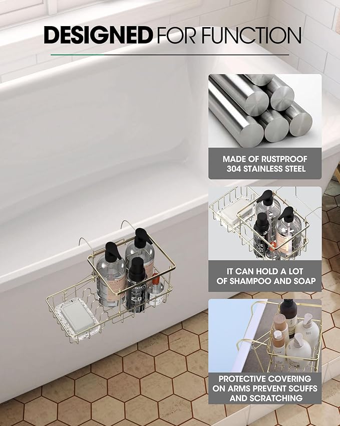 Rustproof Hanging Shower Caddy for Bathtub, Stainless Steel Shower Caddy for Tub Side, Hanging Shower Organizer Basket for Shampoo, Conditioner, Soap & Bath Accessories, Easy Install, Bronze Gold - Bloomnest