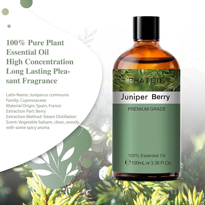 Juniper Berry 3.38fl.oz Essential Oil, PHATOIL Pure Aromatherapy Oils for Diffuser, Humidifier, Perfect for DIY Soap, Candle, Bath Bombs Making(100ml) PHATOIL