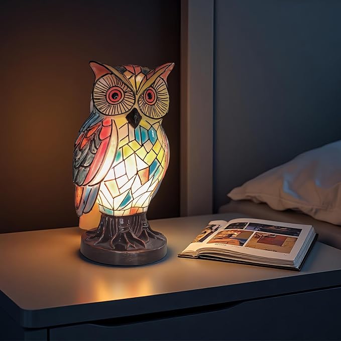 Tiffany Style Owl Table Lamps - Hand-Drawn Vintage Resin Colorful Tiffany Owl Lamp for Bedroom Living Room Nursery Office, Whimsical Animal Desk Lamp, Unique Gift for Mom. - Bloomnest