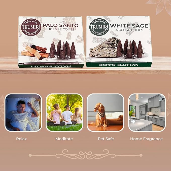 TRUMIRI Incense Cones - Combo Pack of 20 Cone Incense - 10 Palo Santo + 10 White Sage - Insence Cones - Incense Cones Scented - Cone Incense Scents - Insense Cones - Incent Cone TRUMIRI