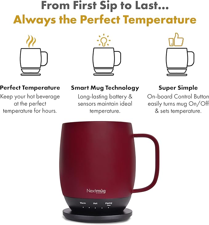 Nextmug - Temperature-Controlled, Self-Heating Coffee Mug (Burgundy - 14 oz.) - Bloomnest