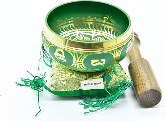 3.75" Tibetan Meditation Yoga Singing Bowl Green Set with free Wooden Mallet and Silk Cushion from Nepal, Singing bowls. (Green) - Bloomnest