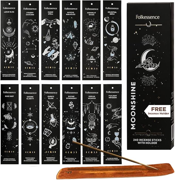 Folkulture Incense Sticks Gift Set | Pack of 12 Insense Sticks (240) with Incense Holder | Non Toxic Palo Santo Incense Sticks, Sandalwood Incense | Organic Inscents-Sticks for Meditation