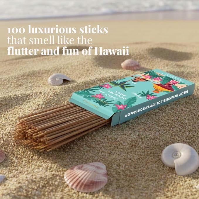 Folkulture Incense Sticks with Holder (100 Sticks)| Premium Summer Scents Incents Stick For Aromatherapy, Relaxation | No Charcoal,Organic,Non Toxic, 45 Mins Slow Burning Insence-Sticks|Hawai Inspired