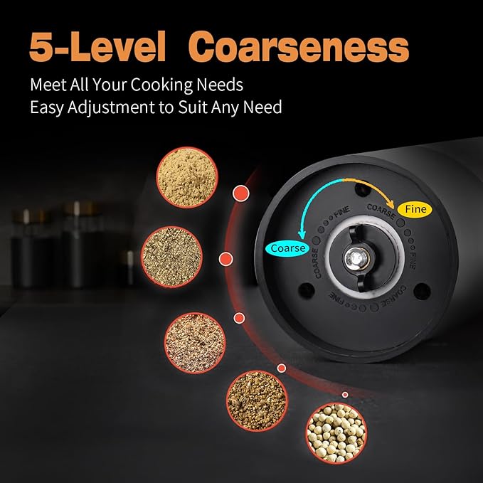 Stainless Steel Electric Pepper Grinder with Massive 240ML See-Through Hopper - USB-C Rechargeable, Adjustable 5-20s Timer, Powerful Ceramic Grinder for Salt, Peppercorns & Dry Spices (2025 Upgraded) - Bloomnest