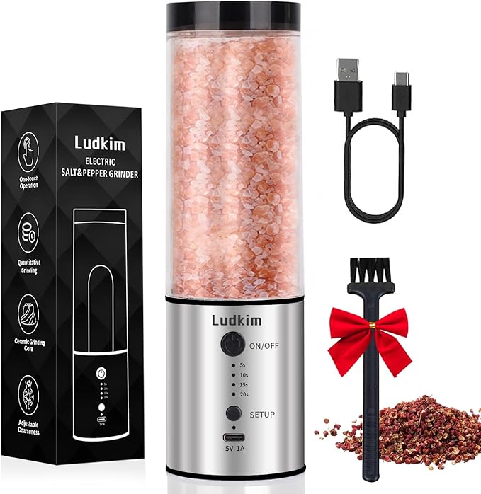 Stainless Steel Electric Pepper Grinder with Massive 240ML See-Through Hopper - USB-C Rechargeable, Adjustable 5-20s Timer, Powerful Ceramic Grinder for Salt, Peppercorns & Dry Spices (2025 Upgraded) - Bloomnest