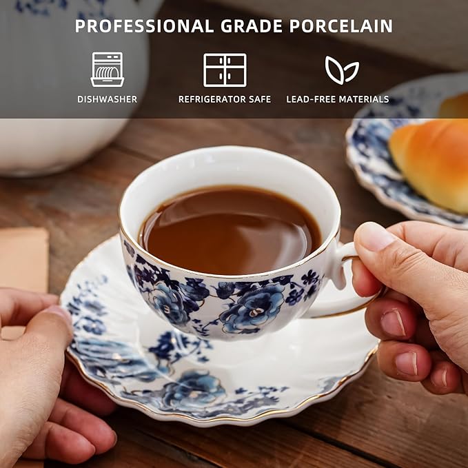 Tea Cup and Saucers, 6.4oz Floral Tea Cups with Gold Trim, Porcelain Bone China Teacup, Coffee Cappuccino Espresso Latte Mugs for Party Birthday,Christmas Gift (White with blue flower) - Bloomnest