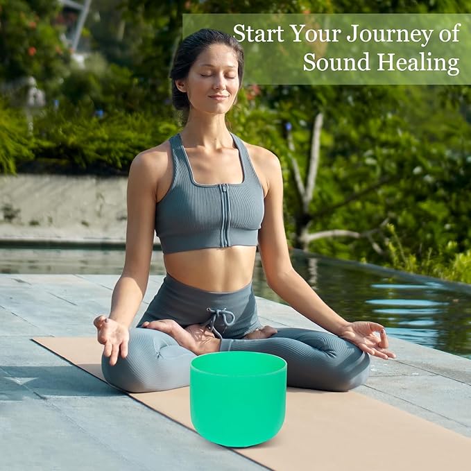 432HZ 8 Inchs F Note Green Frosted Crystal Singing Bowl for Meditation Healing Yoga Chakra Quartz Crystal Sound Bowls with Heavy Duty Carry Case and Rubber Mallet,Suede Striker,O-rings - Bloomnest