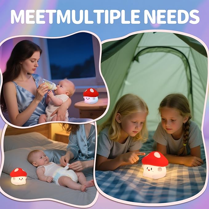 Mushroom Night Light Silicone - Color Changing Lamp, USB Rechargeable, Long Battery Life, Soft Squishy, Dimmable Brightness - Bedroom Decor, Cute Mushroom Gifts for Kids & Adults - Bloomnest