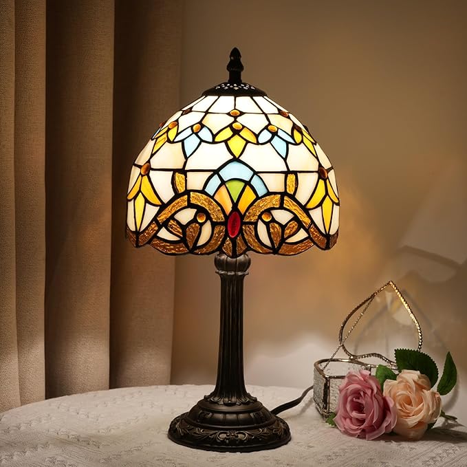 Tiffany Table 8 Inch Small Stained Glass Table Lamp Retro Baroque Reading Light, Suitable For Bedrooms Living Rooms Offices Study Rooms Tiffany Style Retro Home Decoration Crafts (Yellow, Brown) - Bloomnest