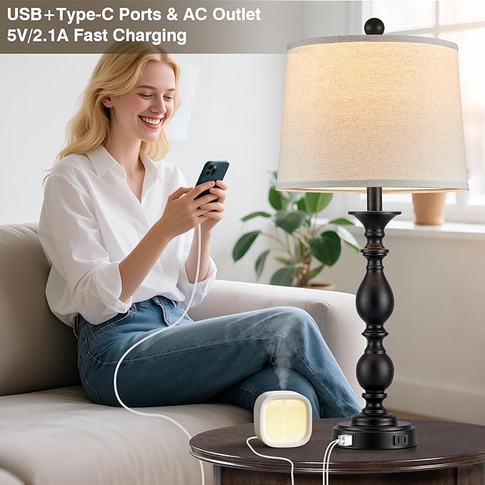 28" Tall Modern Table Lamps Set of 2 with USB C+A Ports and AC Outlet, 3 Way Touch Metal Bedside Lamps for Living Room, Black Farmhouse Nightstand Lamps for Bedroom - Bloomnest
