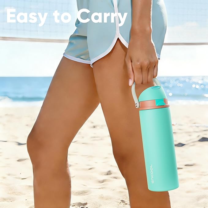 Insulated Water Bottle with Straw - Encool Stainless Steel Water Bottle with Push Button Lid, Leak-Proof & BPA-Free, Keeps Cold for 24 Hours for Sports, Travel, Gym (32 oz, Turquoise) ENCOOL