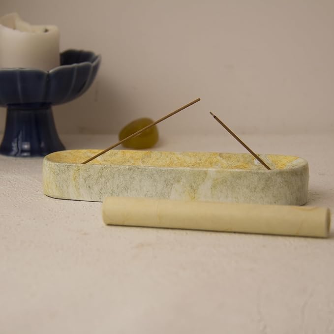 Marble-Patterned Concrete Incense Holder, with A Box of Jasmine Incense, 7.1 Inch Catches Falling Incense Ash, A Poetic and Artistic Gift for Yoga＆Meditation(GreenYellow) - Bloomnest
