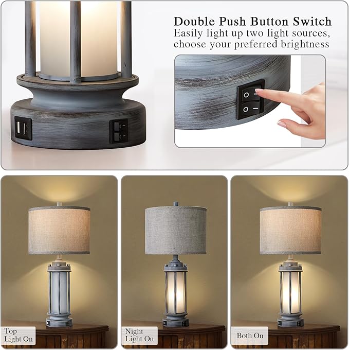 Set of 2 Rustic Table Lamps for Living Room, Farmhouse Vintage Nightstand Lamp with 2 USB Ports, Antique Retro Light Green Glass Night Light for Bedroom Entryway, 4 Bulbs Included - Bloomnest