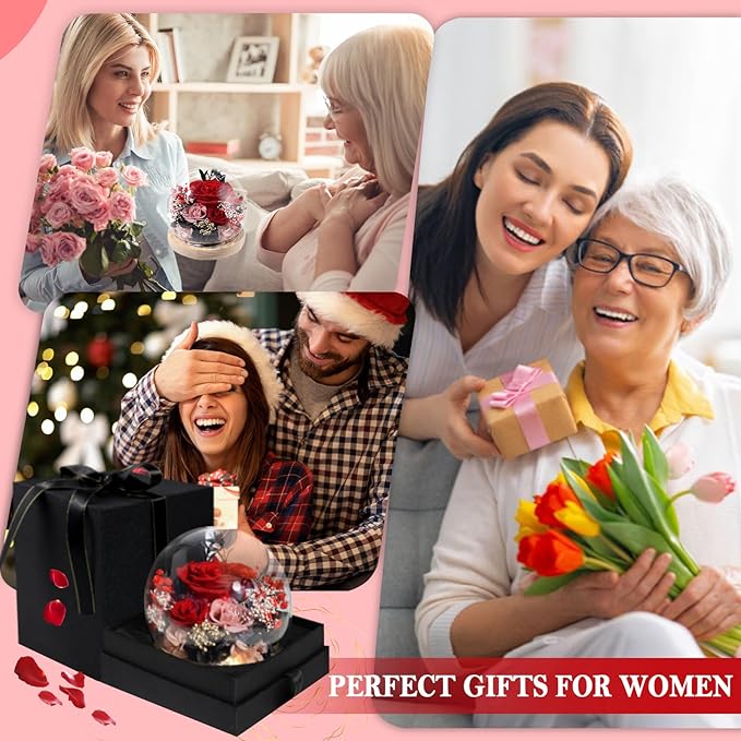 FIACO Valentines Day Gifts for Her Preserved Rose Forever Fresh Flowers for Delivery Birthday Gift for Women Mom Grandma Wife Mothers Day Anniversary Eternal Roses in Glass Dome - Bloomnest